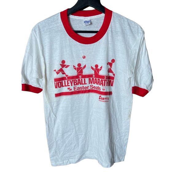 Vintage 80s Volleyball Marathon USA Ringer T Shirt Medium - Picture 1 of 4